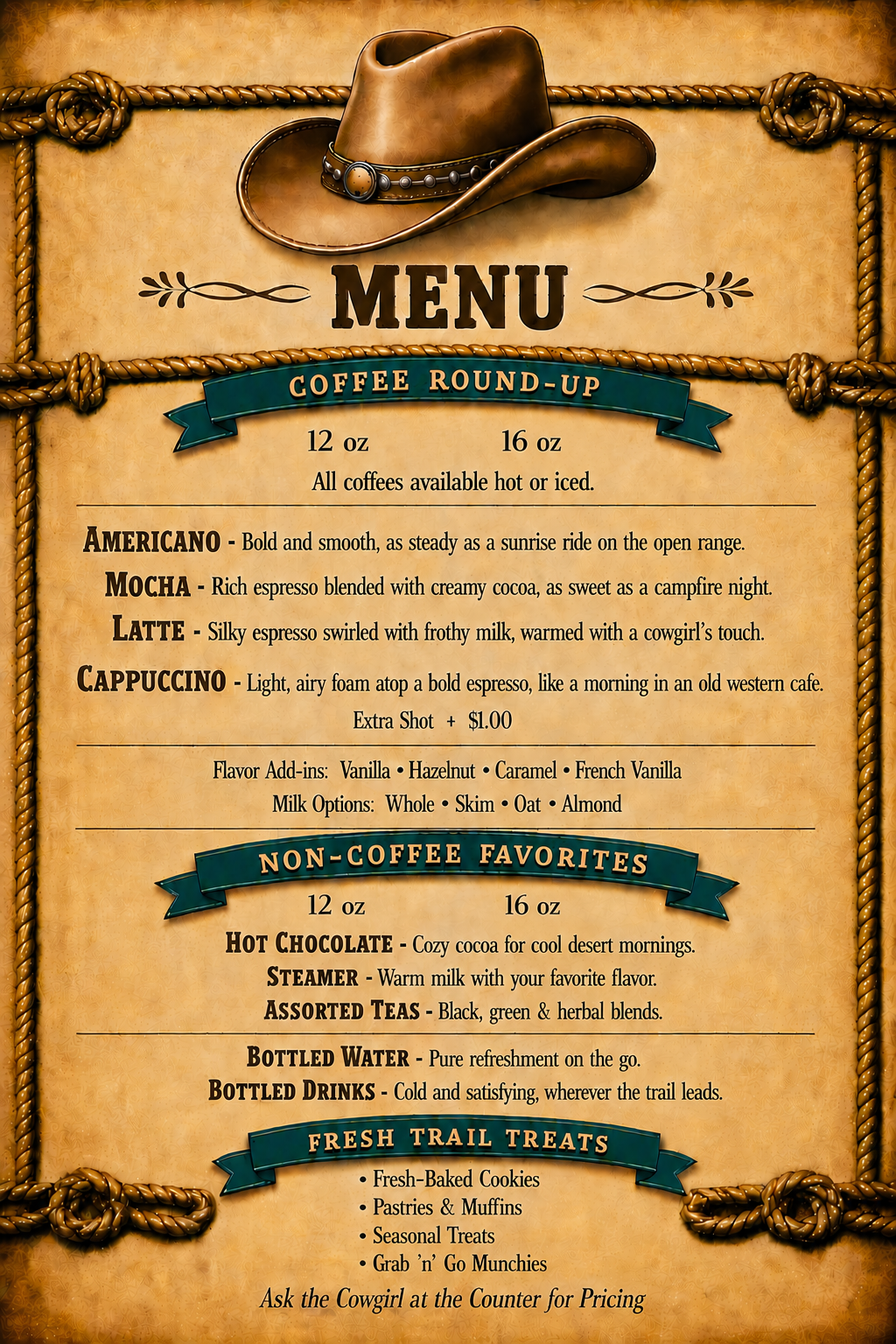 Cowgirl Coffee Official Drink Menu — Coffee Round-Up & Non-Coffee Favorites